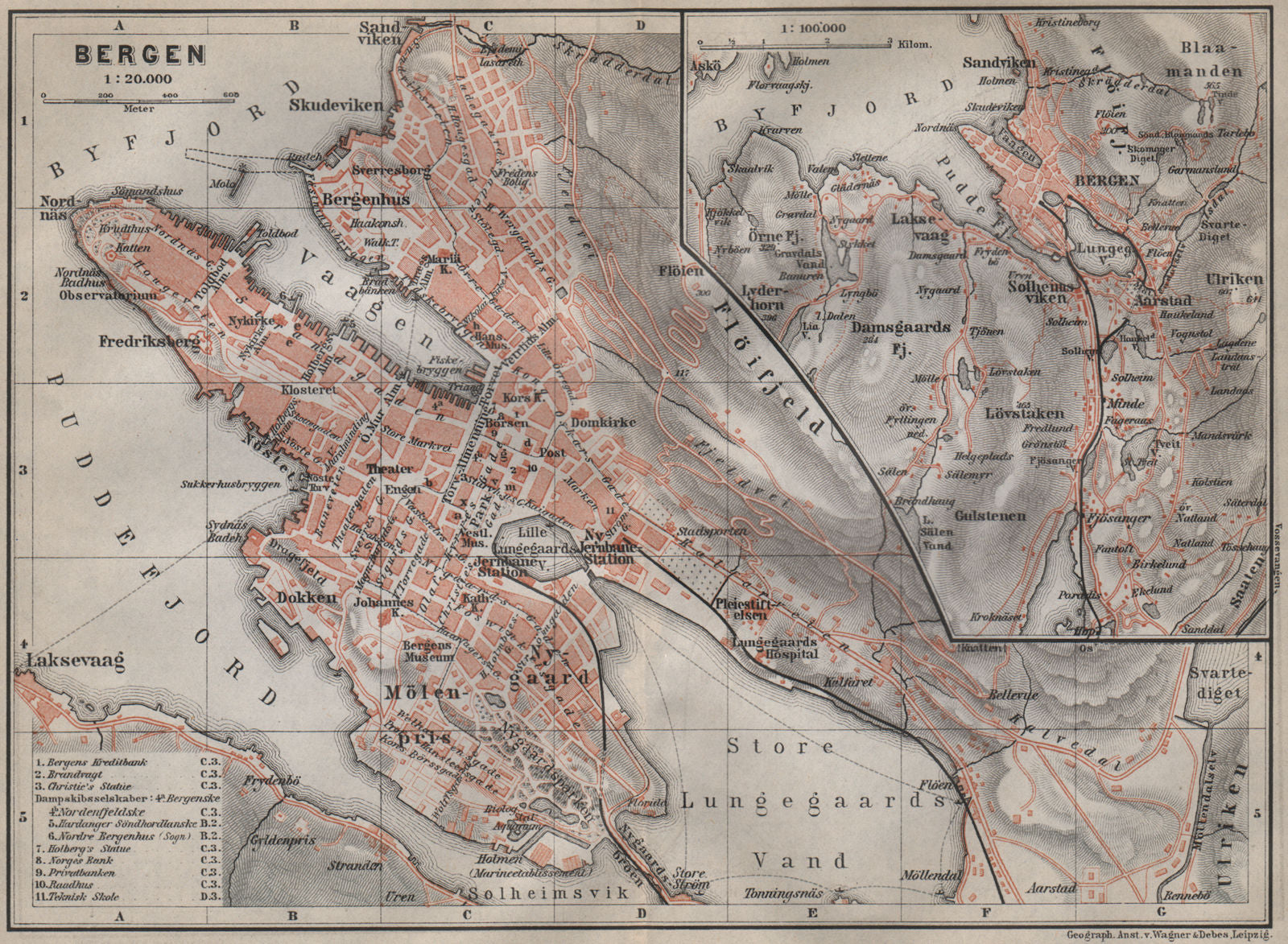 BERGEN antique town city byplan & environs. Norway kart. BAEDEKER 1912 old map